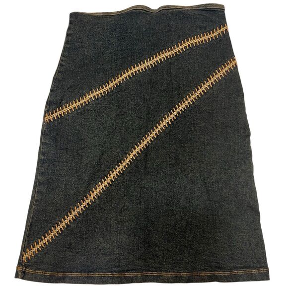 San Julian Denim Skirt A-Line S Whipstitch Below Knee Y2K Rare USA Fall Fit - Picture 1 of 11